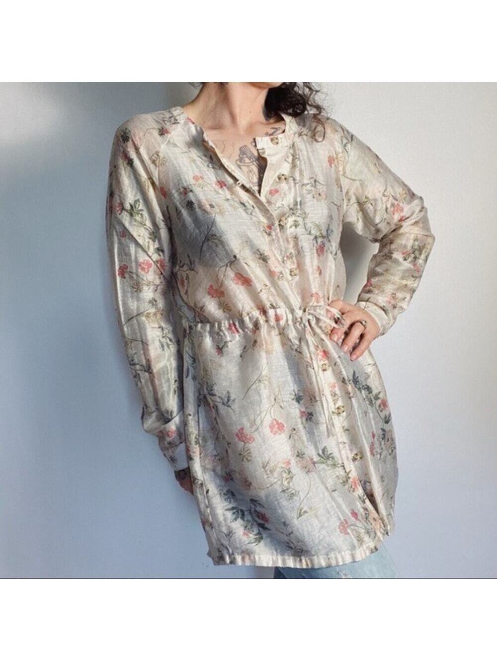 J. Jill EUC Women's Sheer Floral Linen Blend Button Tie Waist Tunic Blouse MP